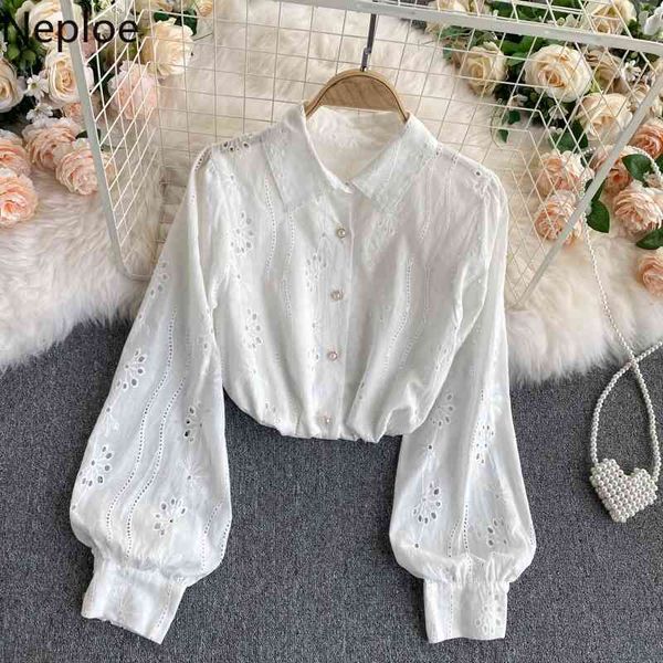 

neploe chic blouses women heavy hollow out embroidery shirts lantern sleeve sweet white blouse korean blusas mujer de moda 210422