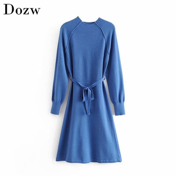 

women elegant long sleeve sweater dress solid color autumn winter knitted a-line es chic casual turtleneck sashes 210515, Black;gray