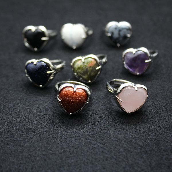 

natural stone ring love heart adjustable pink quartz purple rose crystal finger rings for women party, Golden;silver