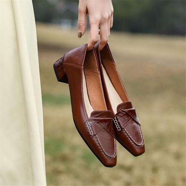 

dress shoes two-wear women's casual 2021 spring pumps cow leather retro small square toe slip-on chunky heel large size, Black