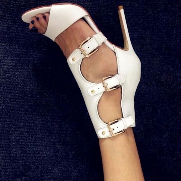 

sandals multi-buckle open toe white leather cut out ankle buckle stiletto high heels dress women runway matte, Black