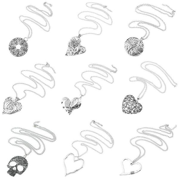 

chains 1pcs large largenlook heart/skull/hollow round pendant long chain metal alloy necklace for women men torque jewelry, Silver