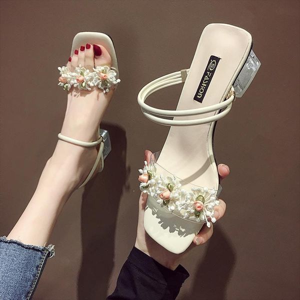

fashion flower crystal thick heel high-heel slippers, Black