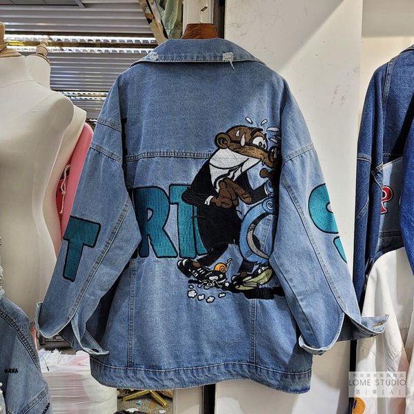 

women's jackets embroidery women denim coat 2021 spring autumn all-match loose long sleeve outwear oversize casual female jean blue, Black;brown