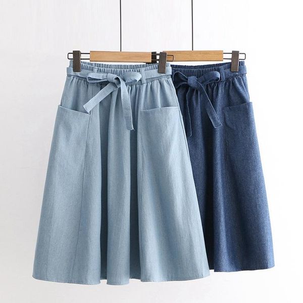 

skirts japan style mori girls denim women fresh sweet high waist elastic sashes design chic a-line midi skirt student jean saias, Black