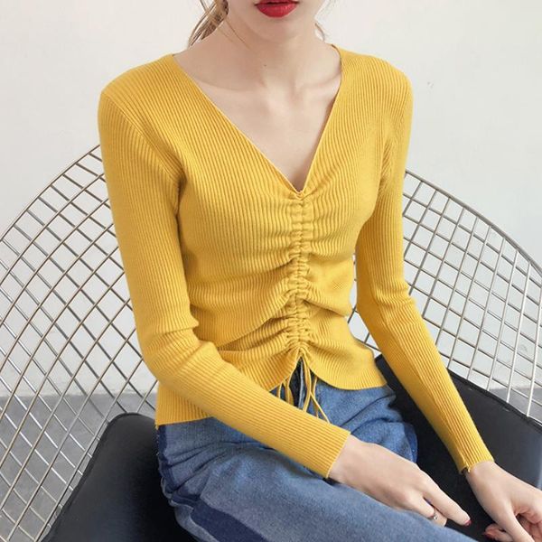 

women's sweaters 2021 autumn winter harajuku sweater drawstring long sleeve knitted slim v-neck blouse women clothing, White;black