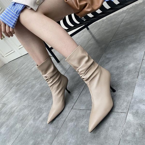 

boots women's shoes single winter leather high heel medium style stand pointed fashion, Black