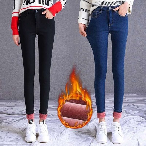 

women's jeans winter plush thickened korean trousers show thin feet elastic beancurd warm pants lv1t, Blue