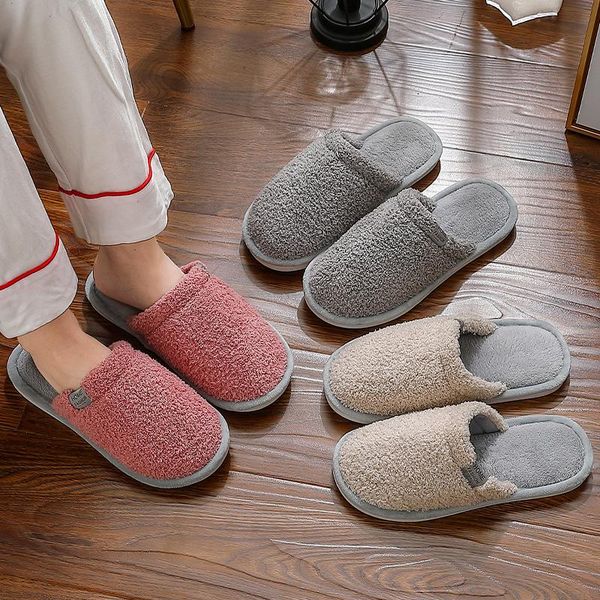 

slippers winter women couple lambswool shoes short plush warm ladies casual non-slip house slipper indoor bedroom, Black