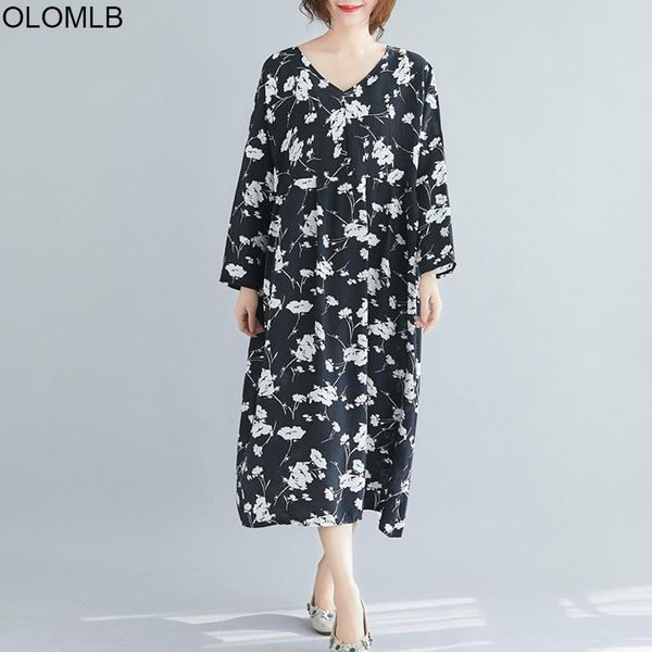 

casual dresses plus size for women oversize summer cotton linen long dress fashion v-neck floral print beach 2021 4xl 5xl 6xl, Black;gray