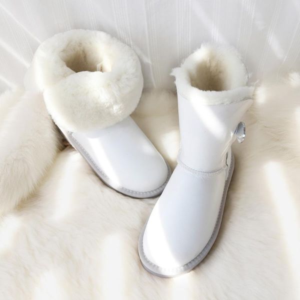 

boots snow women sheepskin shoes waterproof leather white sheep wool fur mid-calf flat female winter, Black