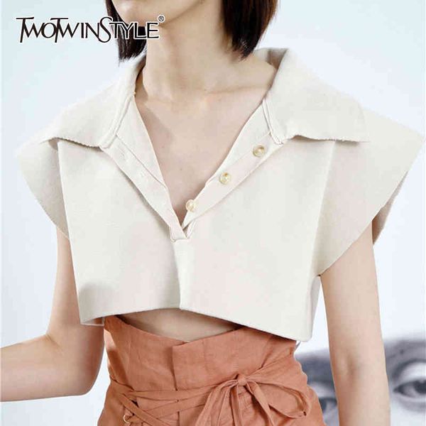 

black minimalist short for women lapel sleeve solid knitted sweater female fashion clothing 210423, White;black