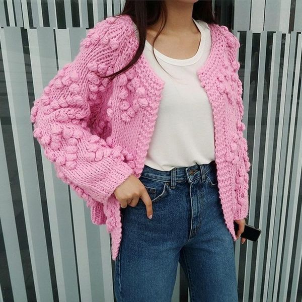 Kadın Sweaters Fxfurs Hairball Örgü Hırka Oğreti O Boyun Uzun Kollu Pembe Jumper 2021 Sonbahar Kış Kadın Sweater