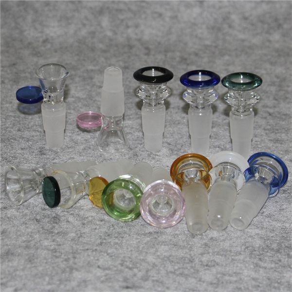 Venda direta da fábrica 14mm 18mm tigela de vidro de fumar com alça de cachimbos coloridos bong tigelas pedaço para plataformas de água bongs