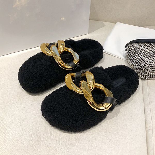 

2021 baotou slippers leather metal chain wear-resistant flat sandals women casual size 35-41 hairy jelly basketball shoes retro for woman pa, Black
