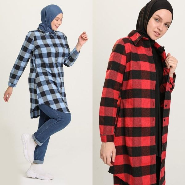 

ethnic clothing checked tunic shirt long sleeve buttoned winter casual seasonal women's muslim fashion hijab turkey dubai islamic dress, Red