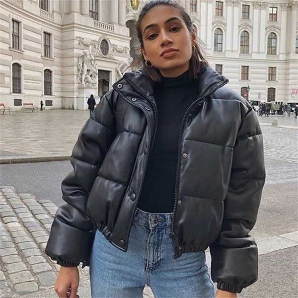 

winter warm thick pu leather coats women short parkas fashion black cotton padded lady down jacket elegant zipper clothes 211216