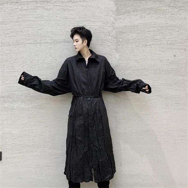 

men's casual shirts men's pleated shirt loose european american punk rock costumes personality over the knee long windbreaker chemi, White;black