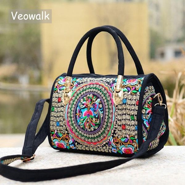 

veowalk bohemian women floral embroidered canvas handbag vintage ladies casual ethic boho shopping zipper shoulder travel bag totes