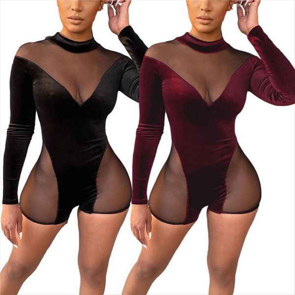 

playsuit long sleeve women rompers transparent mesh splicing stand collar tights summer shorts, Black;white