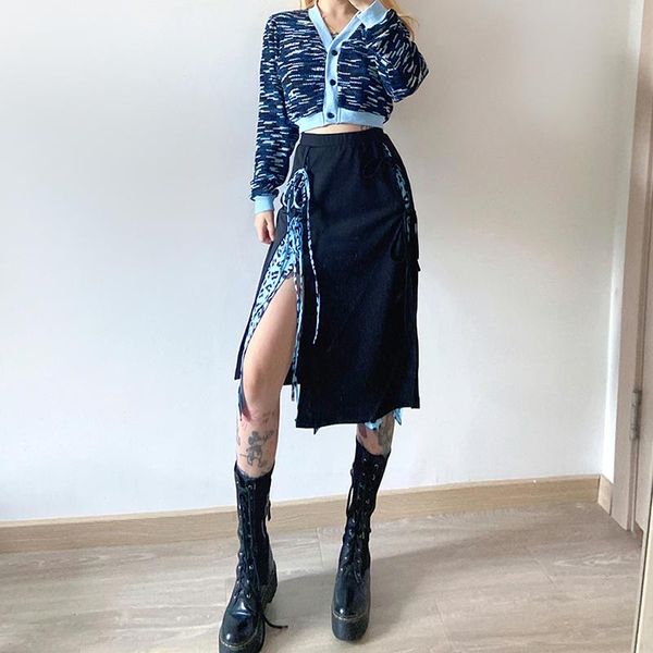 

skirts 2021 leopard patchwork split women fashion streetwear hight waist a-line ladies lace-up midi, Black