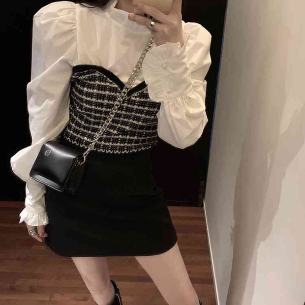 

women's blouses & shirts nomikuma ruffle stand neck women blouse korean fashion puff long sleeve shirt patchwork fake two pieces blusa, White