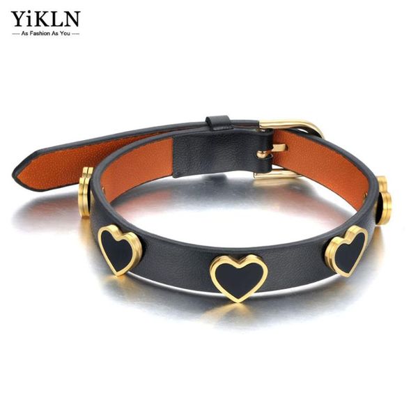 

charm bracelets yikln trendy 18k gold stainless steel acrylic heart for women girls black white leather jewelry yb21018, Golden;silver