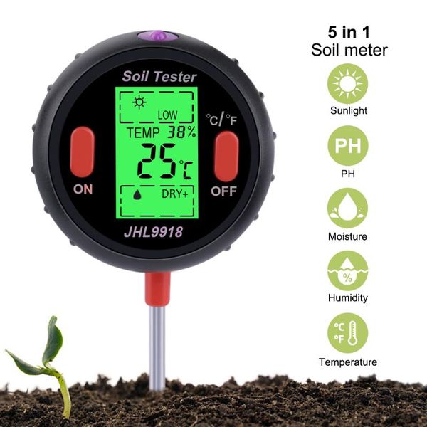 

meters 5-in-1 digital soil ph meter moisture levels temperature sunlight intensity humidity tester large backlit lcd display