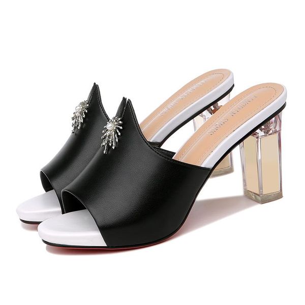 

dress shoes woman moolecole fashion women sandals red bottom square heels peep toe pu leather slippers 2-135, Black