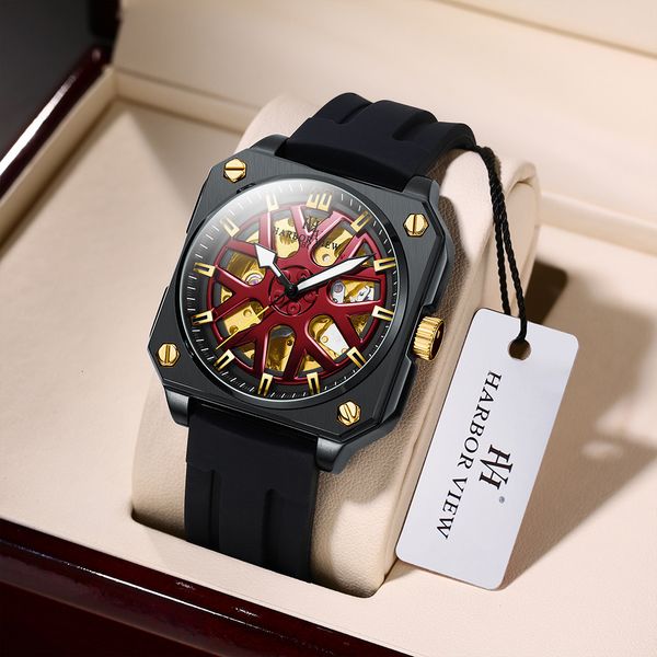 

mark square hollow automatic mechanical watches men luxury large dial bright-coloured clock rubber strap men's new, Slivery;brown