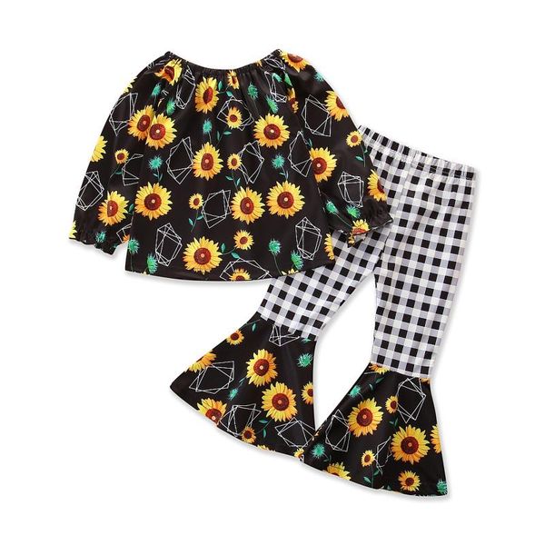 

clothing sets 1-6y kids baby girl autumn sunflower print off shoudler long sleeve plaid patch flare pants 2pcs set, White