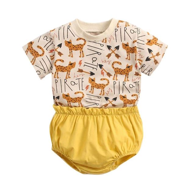 

infant baby boys girls summer outfits short sleeve cartoon cat printed t-shirt bloomers shorts 2pcs toddler clothes rompers, Blue