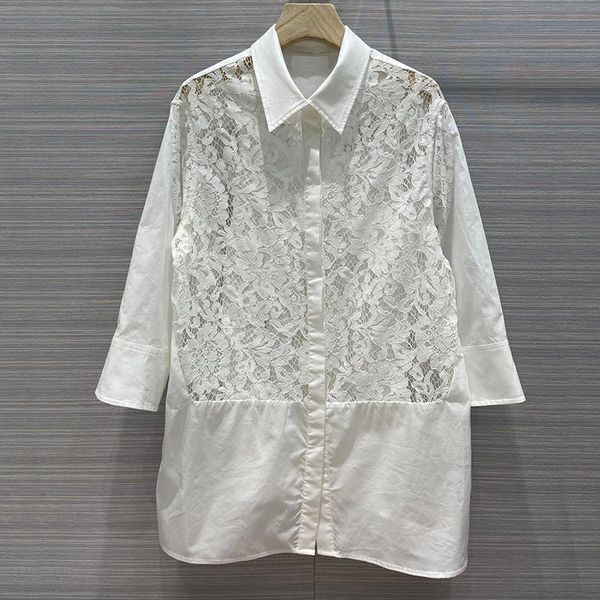 

women's blouses & shirts loose two piece patchwork lace embroidery hollow out long blouse women three quarter sleeve shirt lady, White