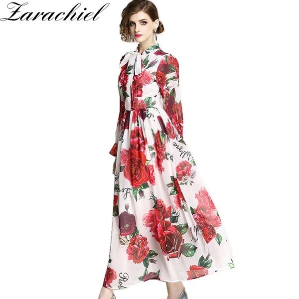 Dame Chiffon Sommer Runway Maxi Kleider Plus Größe Frauen Flare Sleeve Elegante Schleife Rose Blumendruck Langes Kleid 210416