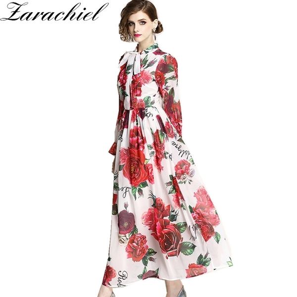

lady chiffon summer runway maxi dresses plus size women's flare sleeve elegant bow rose floral print long dress 210416, Black;gray