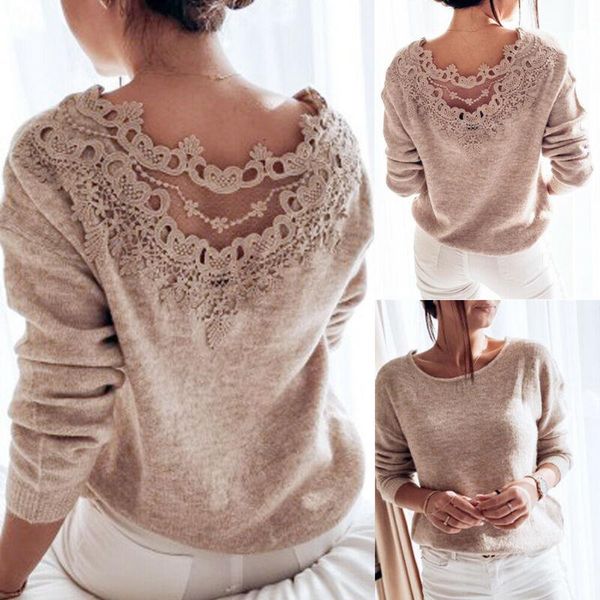 

women's sweaters winter pullover elegant lace backless long sleeve jumper knitted sweater female ladies clothes, White;black