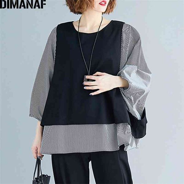 

dimanaf plus size women blouse shirts autumn oversize casual lady tunic batwing sleeve loose female clothes spliced striped 210401, White