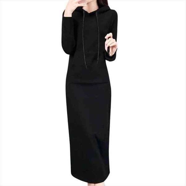 

autumn winter dress fashion o-neck hoodie long sleeve pure color hooded loose casual ladies dress black maxi dresses for women, Black;gray