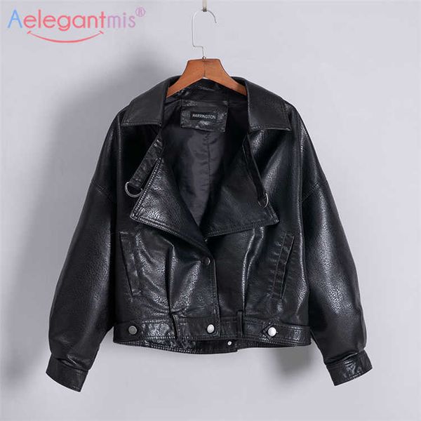 

aelegantmis short loose pu leather jacket women autumn winter soft faux s black biker ladies casual outwear 210607