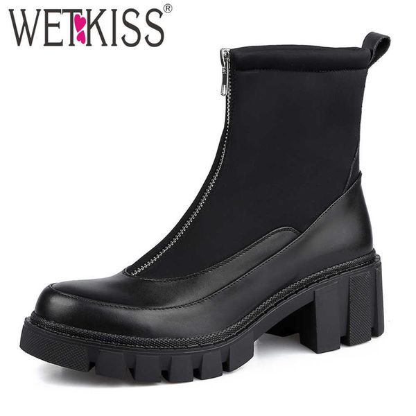 

wetkiss ankle boots women front zip stretch booties chunky heel platform shoes woman autumn round toe shoes black 210630