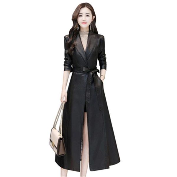 

women's leather & faux spring long section over the knee korean version of slim belt sheep jacket 662, Black