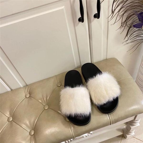 

luxury fur slippers women fashion flats sandals woman real slides female brand designer shoes 2021 collection, Black