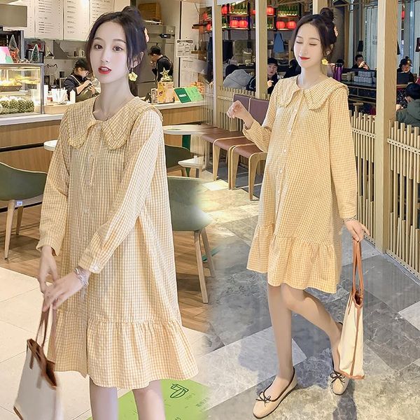 

maternity dresses 1929# 2021 autumn plaid cotton blouses dress long sleeve loose clothes for pregnant women sweet lovely pregnancy wear, White