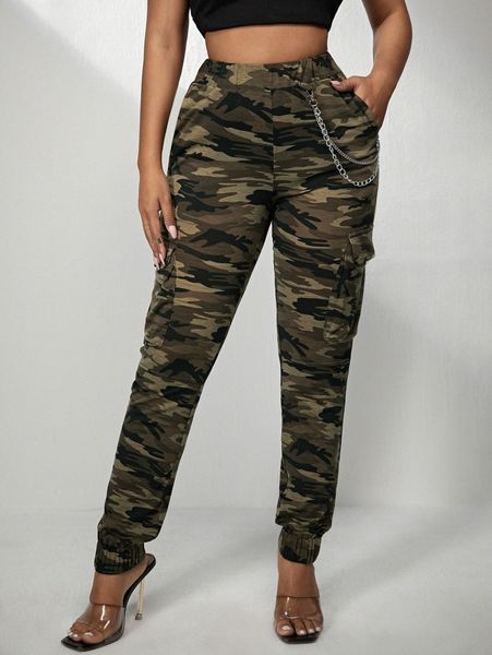 

sxy pocket patched camo pants with chain 52ql#, Black;white