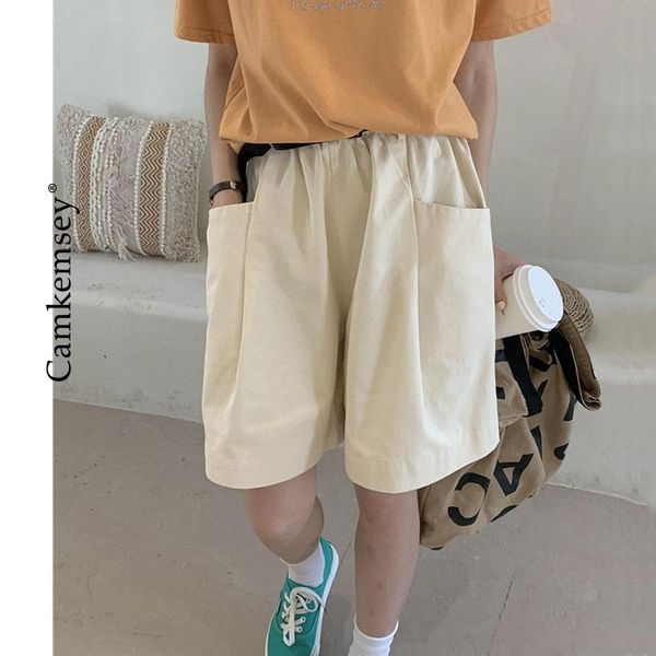 

women's shorts korean summer knee length for women casual high waist with big pockets streetwear loose wide leg half pants belt, White;black