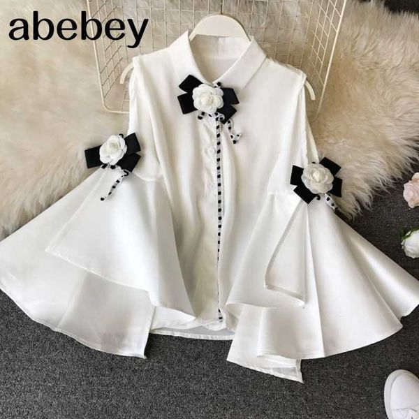 

spring summer vintage lapel strapless big flare sleeve long sleeve slim chiffon shirt 3d flower deco blouse women 210715, White
