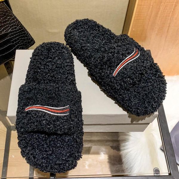 

slippers open toe black curly fur women mix color embroidery flat shoes autumn winter fashion style cozy footwear