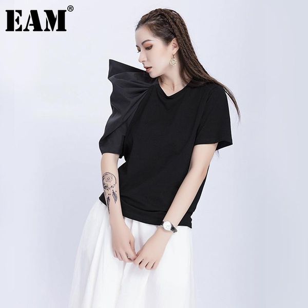 

[eam] women white leisyre asymmetrical pleated black t-shirt round neck short sleeve fashion spring summer 2021 1dd5136 women's