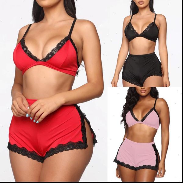 

lace deep v neck women sleepwear lingerie bra crop high waist split shorts set babydoll nightwear underwear, Black;red