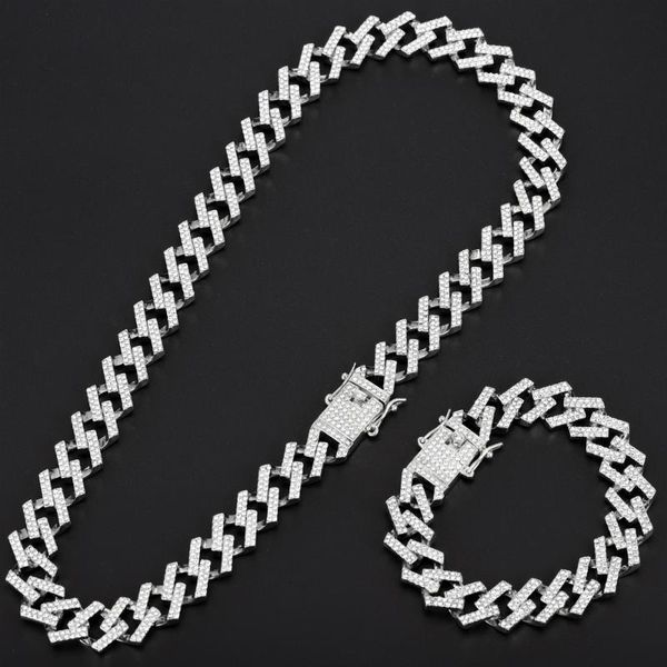 

pendant necklaces necklace chain+bracelet hip hop bling iced out crystal 15mm cuban paved rhinestone miami zircon men's for men jewelry, Silver
